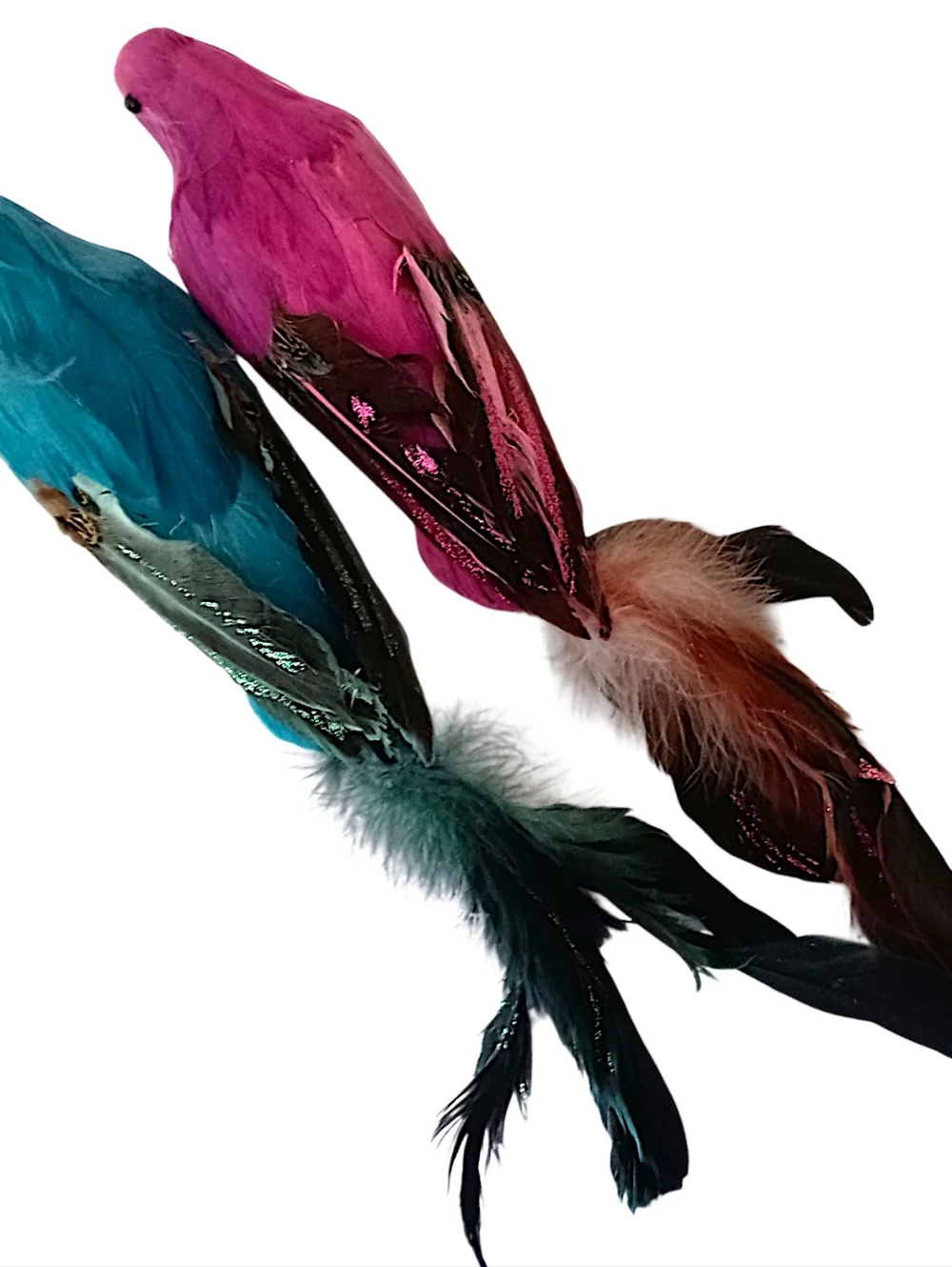 2‎ Vintage Feathered Peacock Bird Ornaments Clip On Large Pink Blue Christmas